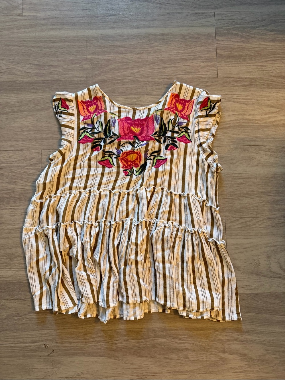 THML Cream & Tan Striped Ruffle Tank with Pink & Orange Floral Embroidery
